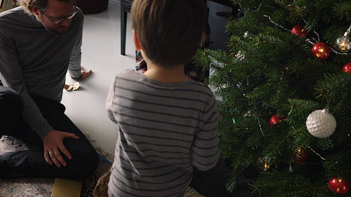 Kid looking for his gift under Christmas tree