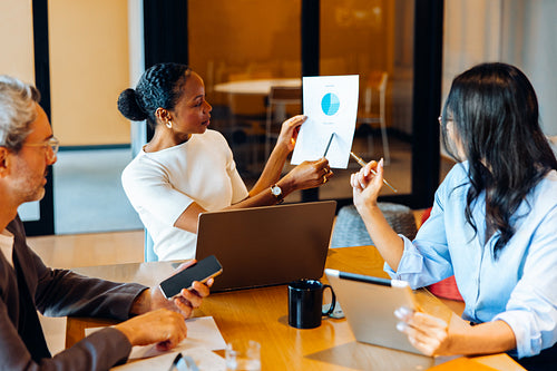 A group discusses data charts during a business meeting in an office