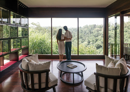 Couple on holiday in hotel room