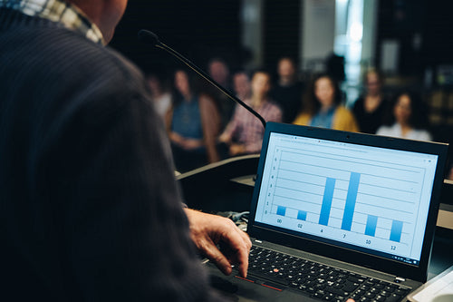 Business laptop at podium in seminar