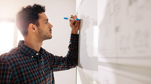 Businessman writing on whiteboard in office