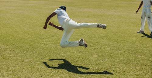 Cricket fielder making a dive to save runs on the field