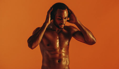 Athlete listening to music during workout