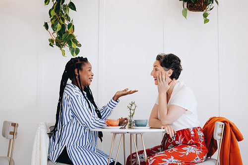 Happy female colleagues having a friendly conversation during a coffee break in a cafe