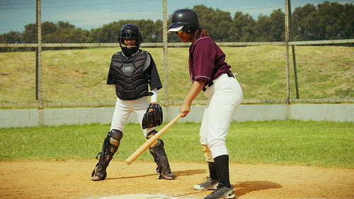 Batter and catcher ready for baseball practice