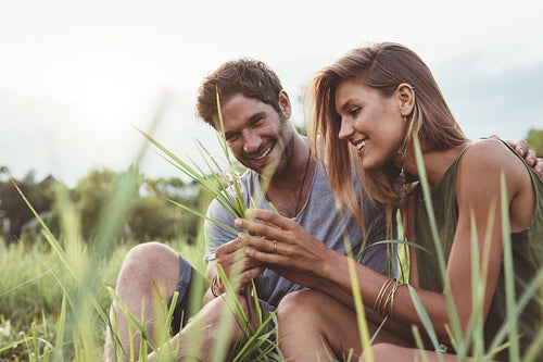 Couple sitting in a field of grass