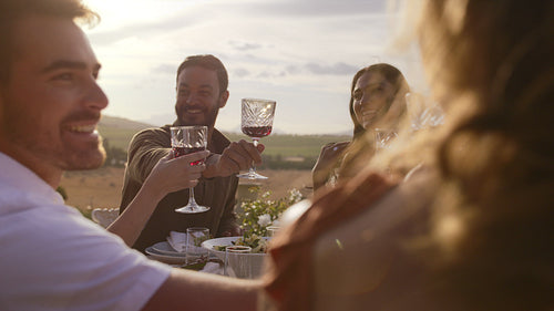 Friends toasting with drinks at a party