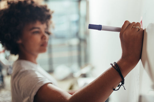 Woman writing important points on board at project meeting