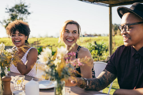 Group of friends enjoying meal at outdoor party