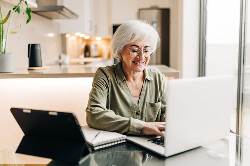 Happy senior businesswoman working in her home office