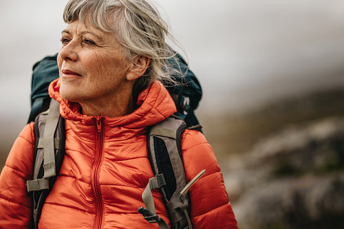 Senior woman on a hiking trip