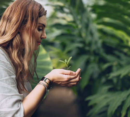 Woman holding seedling in cupped hands
