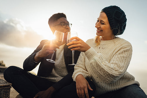 Young couple drinking wine and enjoying a picnic