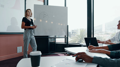 Businesswoman sharing her views in presentation