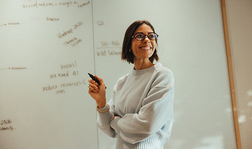 Project planning ideas mapped on whiteboard by businesswoman