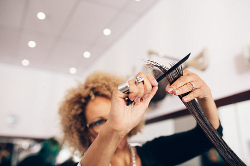 Female hair stylist cutting woman 's hair at salon