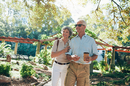 Affectionate senior couple enjoying a walk in the park