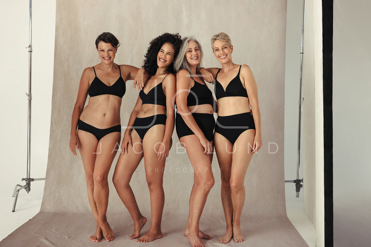 Foto de Lingerie, body positivity and women smile for diversity