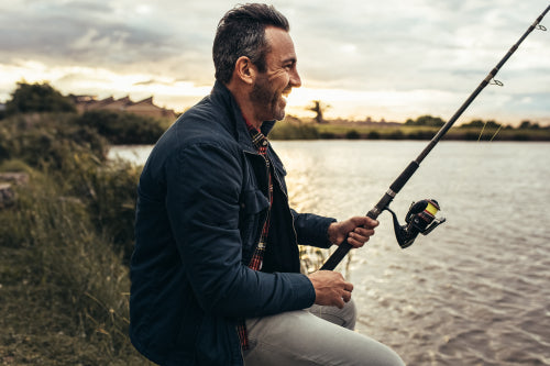 Man Holding Fishing Rod Freshwater Lake Stock Photo 486161266