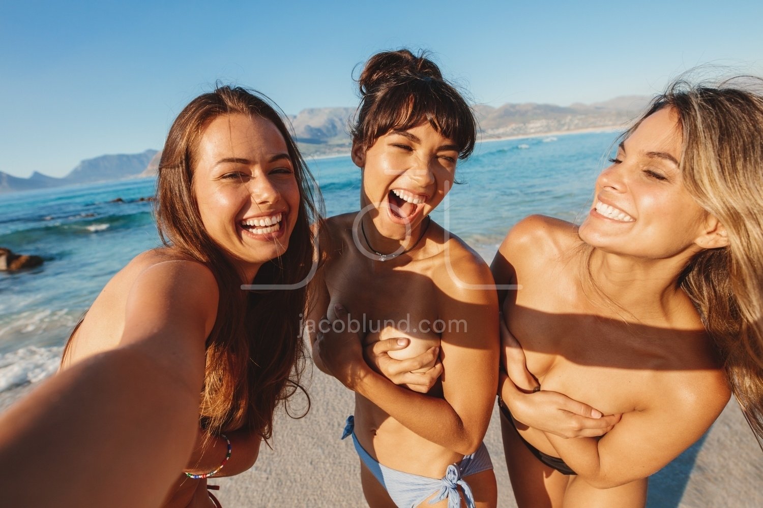 Need Cool Young Woman Taking Her Bikini Top Beach Stock Photo by