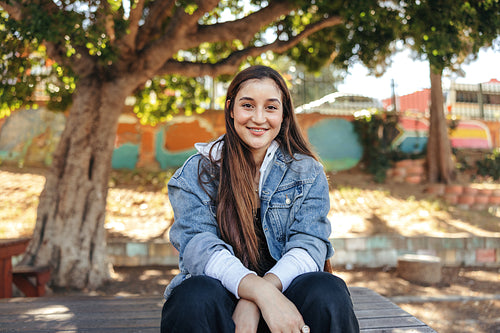 Young Attractive Teen Girl Smiling Looking at Camera Side Behind View in  Jeans Short Summer Clothes Stock Image - Image of looking, camera: 154784531